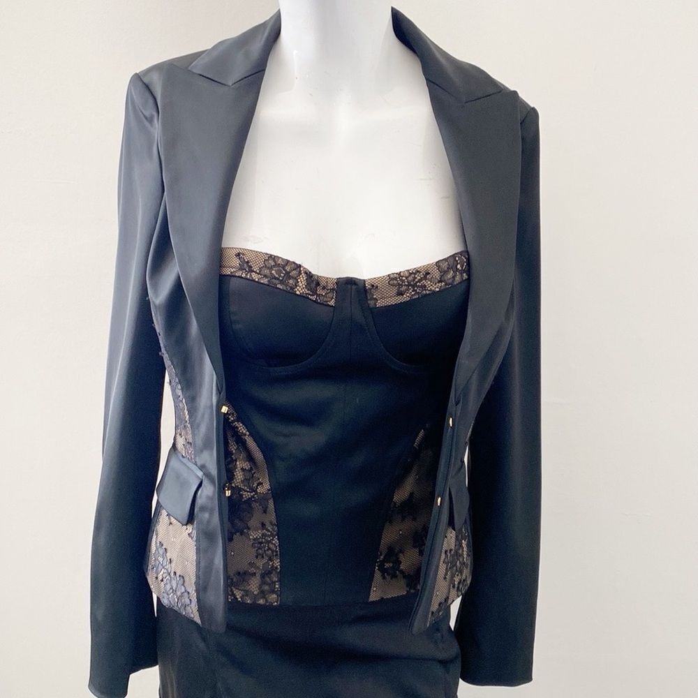 Vintage Y2K 00s Marciano Black w Lace-Accent Matching Blazer & Corset Set